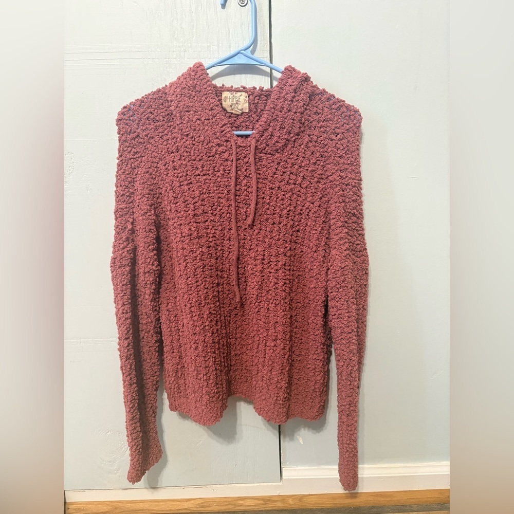 Hippie Rose Popcorn Knit Hoodie Sweater Mauve Pink Cozy Pullover Size L